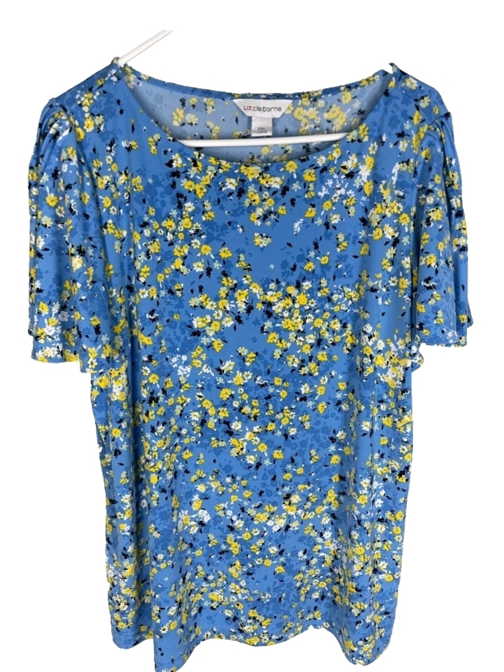 LIZ CLAIBORNE L Blouse Blue Yellow Floral Flutter Sleeve Stretch Top Shirt Top
